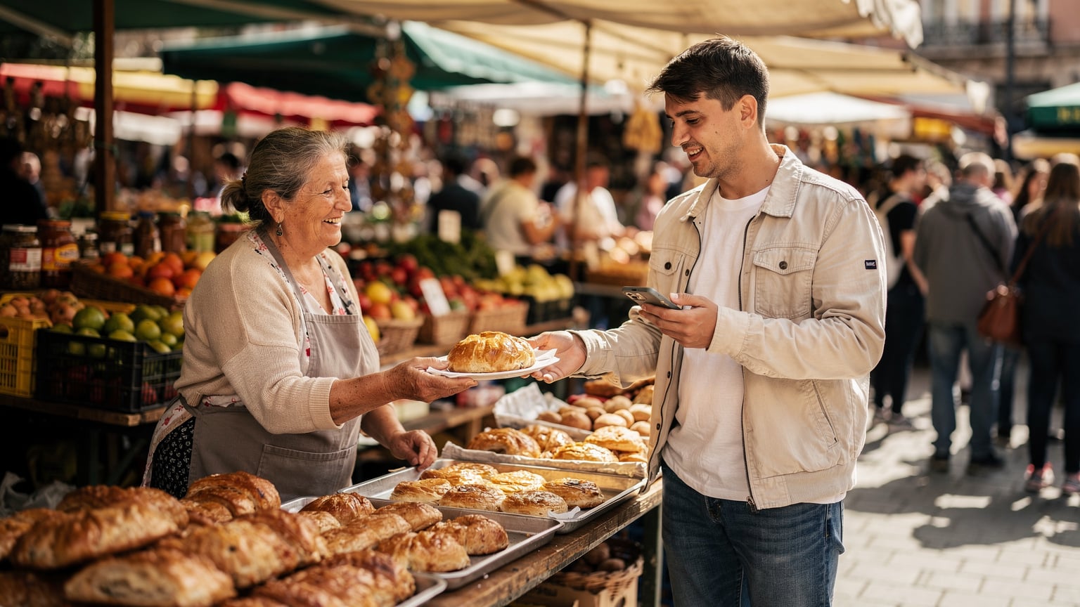 O persoană comandă mâncare de la o vânzătoare de street food dintr-o piață aglomerată din Belgrad, cu telefonul la îndemână, ilustrând integrarea tehnologiei în experiențele culturale locale.