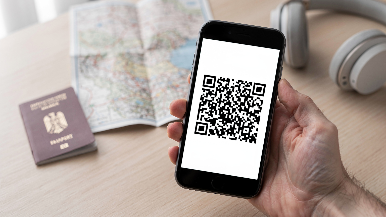 O mână ține un telefon cu un cod QR pe ecran, pregătit pentru scanare, pe fundalul unui birou ordonat cu un pașaport și o hartă, simbolizând ușurința activării eSIM-ului înainte de călătorie.