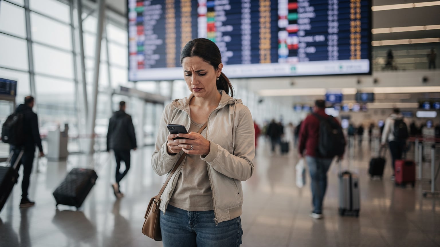 O femeie își verifică telefonul cu o expresie confuză, stând în fața unui panou de plecări dintr-un aeroport aglomerat din Belgrad, ilustrând o situație de conectivitate problematică.