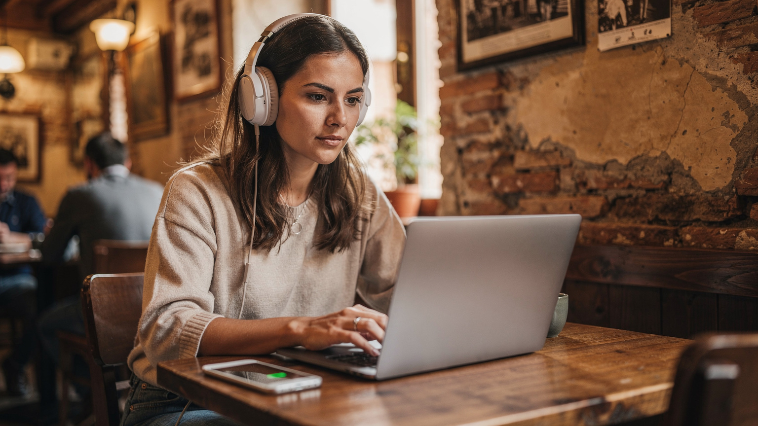En kvinne sitter fokusert med en bærbar PC på et bord i en travel, men koselig kafé i Roma. Hun har hodetelefoner på og en smarttelefon ligger ved siden av, med et svakt grønt lys som indikerer VPN-tilkobling på en liten ikon på skjermen (uten lesbar tekst).