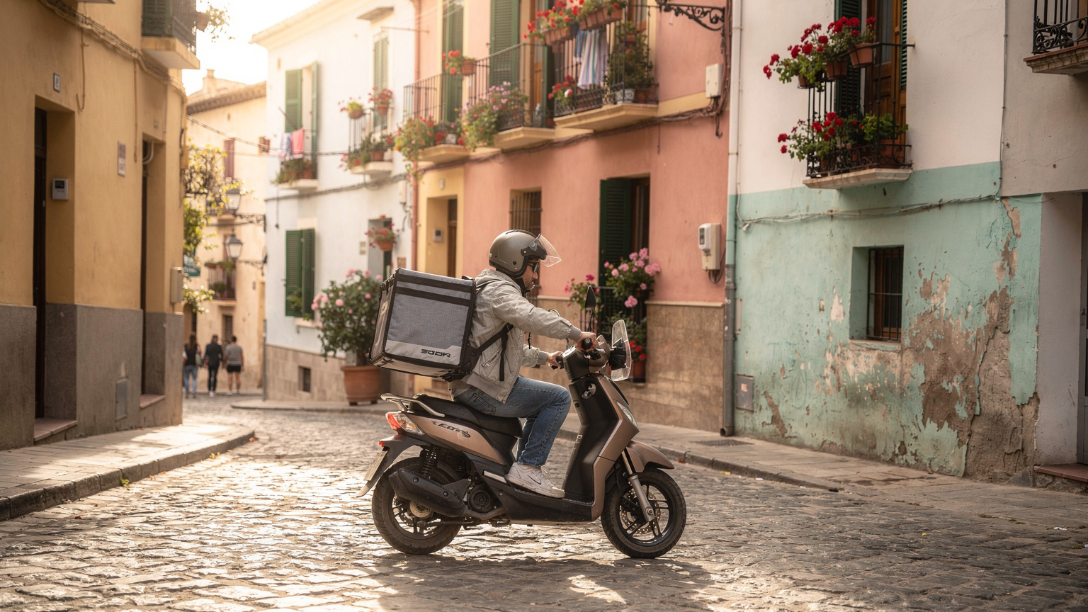 En matleveringsbud på en scooter kjører ned en smal, brosteinsbelagt gate i en spansk by, med fargerike leilighetsbygg og balkonger dekorert med blomster i bakgrunnen.