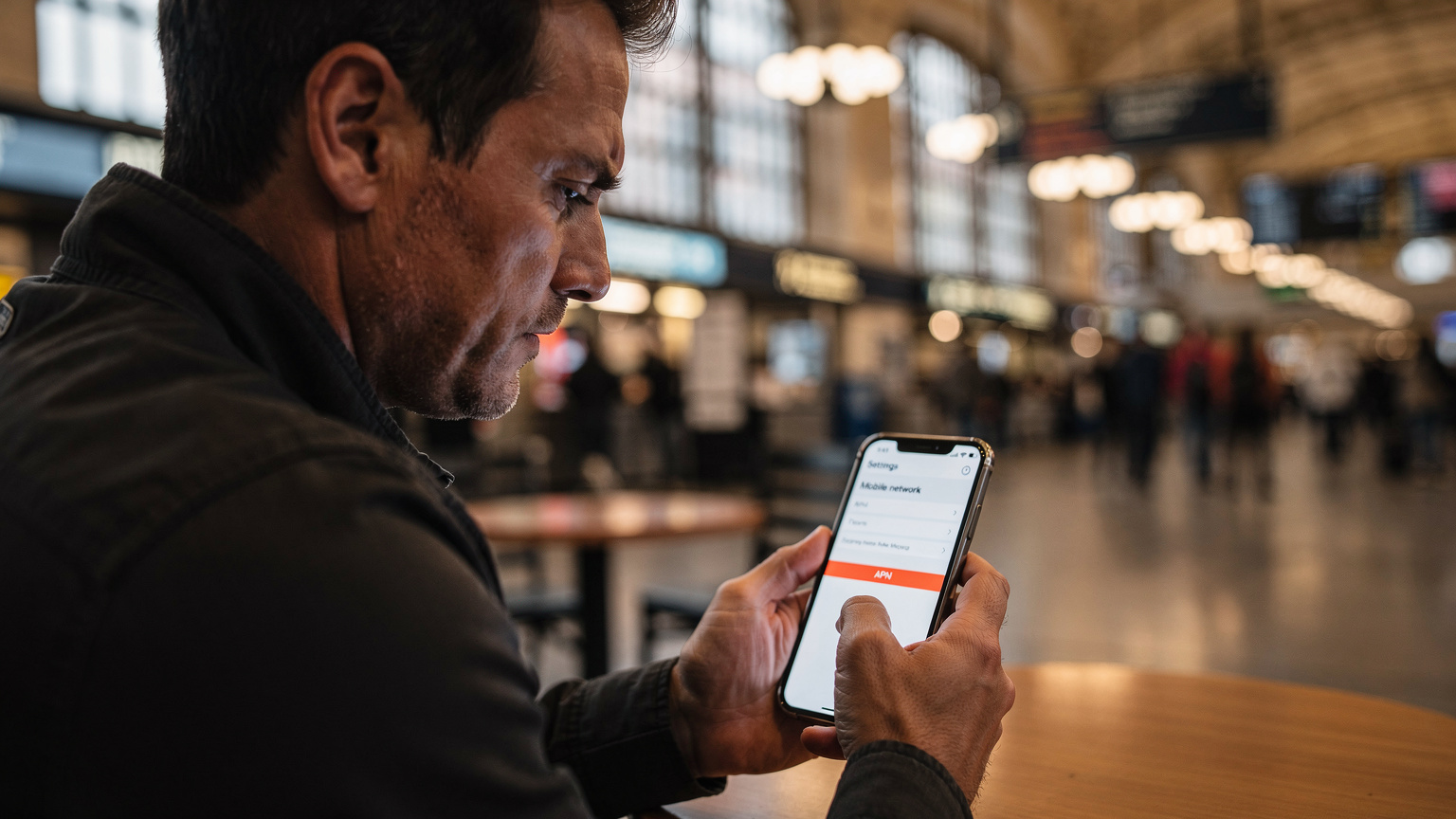 Un viajero con su smartphone en la mano, mostrando la pantalla de configuración de red móvil, con la sección APN destacada y un ligero ceño fruncido, indicando una posible necesidad de ajuste técnico.