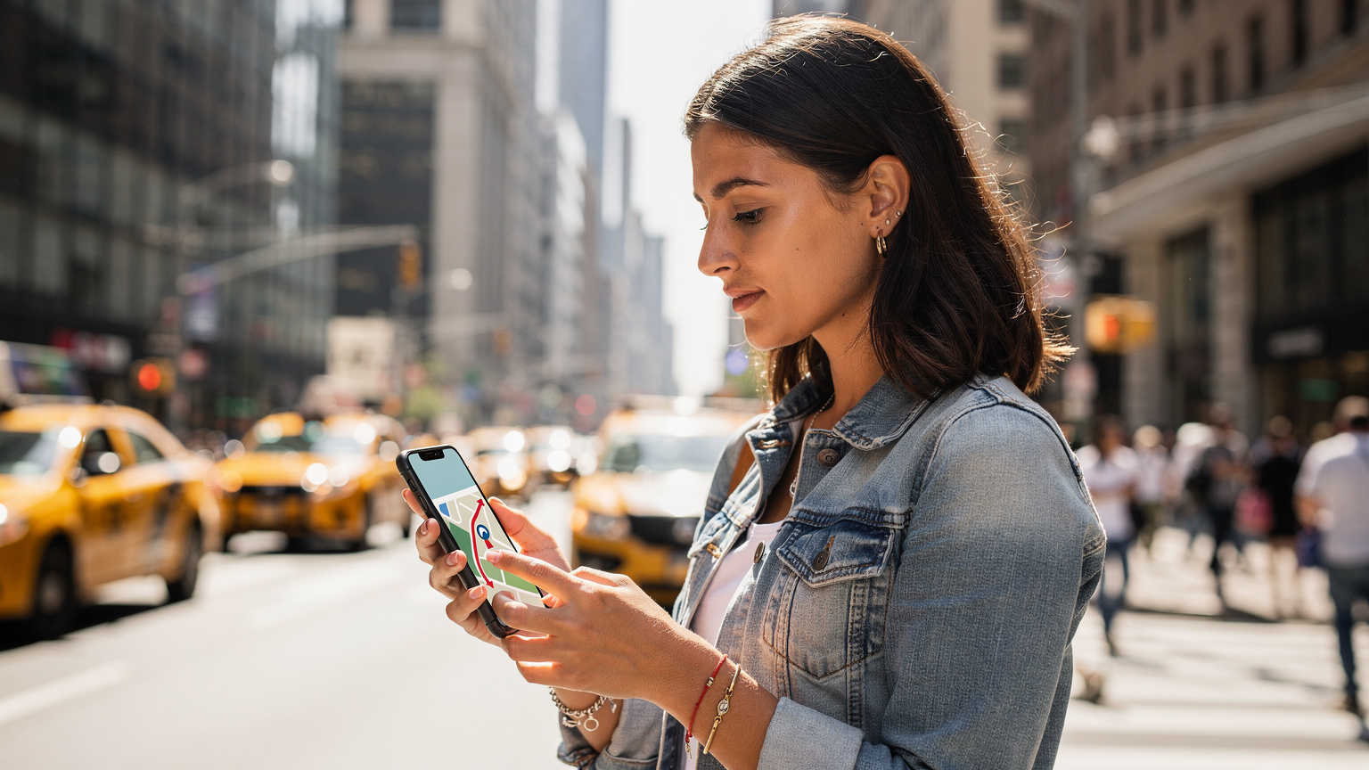 Una viajera española revisa el mapa de cobertura en su smartphone en la Gran Manzana, asegurándose de que su eSIM le ofrecerá conexión en su recorrido.