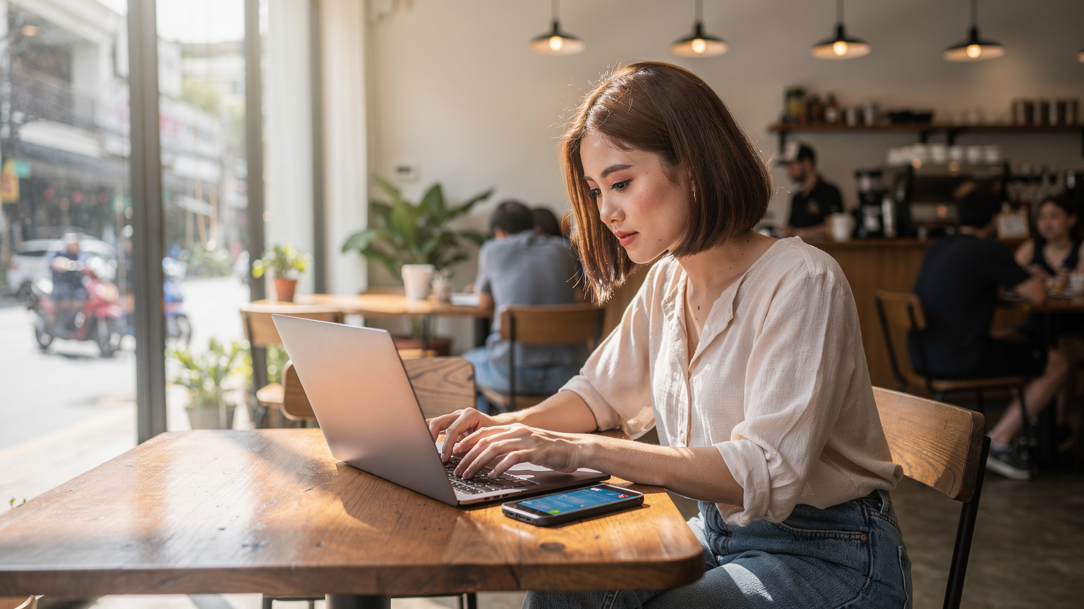 Eine junge Frau sitzt in einem belebten Café in Bangkok und tippt auf ihrem Laptop, während sie ihr Smartphone mit einer eSIM für eine stabile Verbindung nutzt.