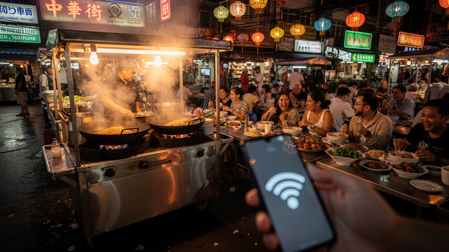Ein bunter und geschäftiger thailändischer Streetfood-Stand am Abend im Viertel Yaowarat, Bangkok, mit Lichtern, Dampf und Menschen, die essen, während im Vordergrund ein Smartphone mit einem aktivierten eSIM-Symbol auf dem Bildschirm zu sehen ist, das nahtlose Konnektivität anzeigt.