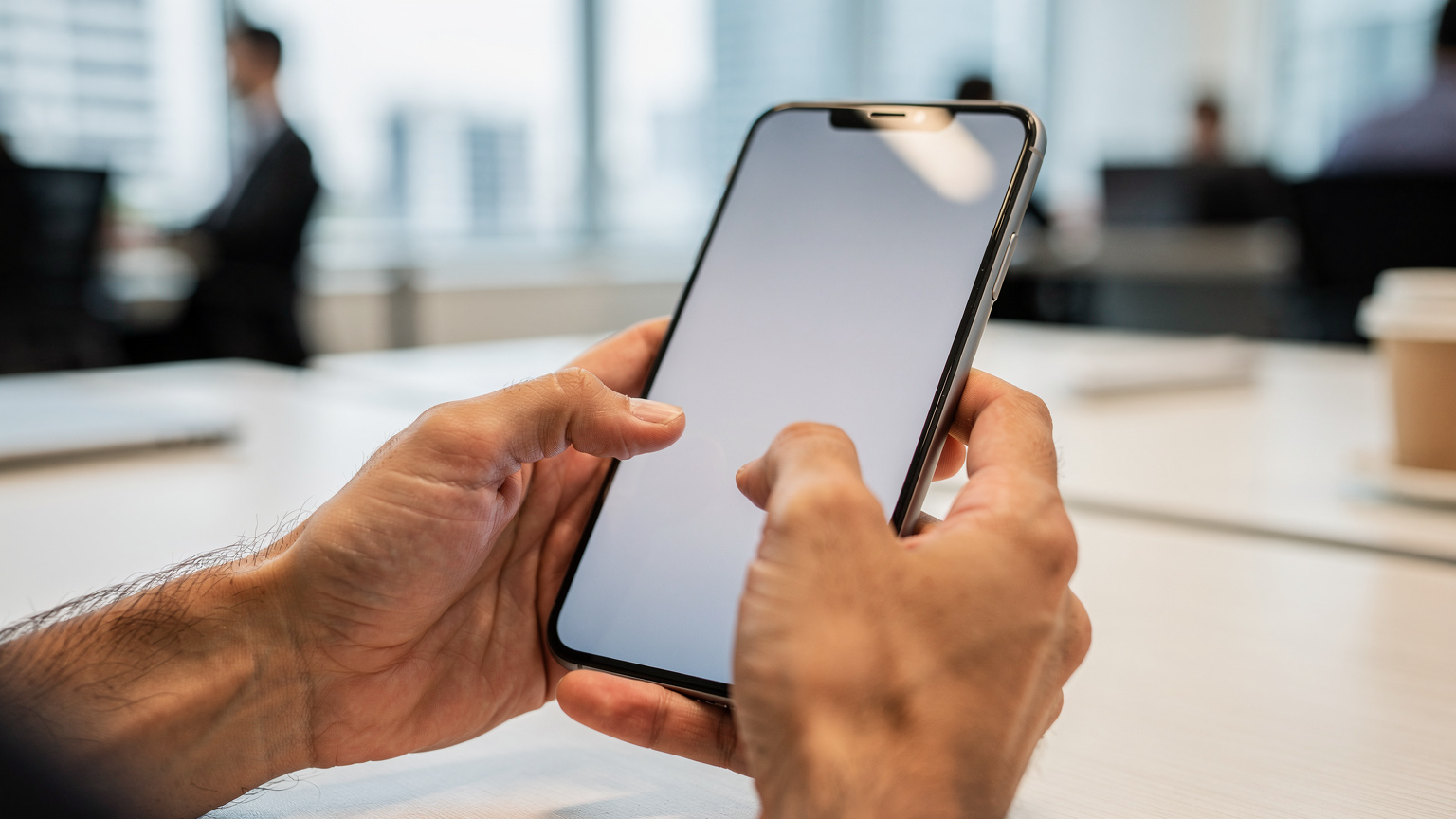 Eine Nahaufnahme von Händen, die ein Smartphone halten, auf dem der eSIM-Installationsprozess angezeigt wird, mit einem leicht unscharfen Hintergrund eines modernen Büros oder Co-Working Spaces in Bangkok.