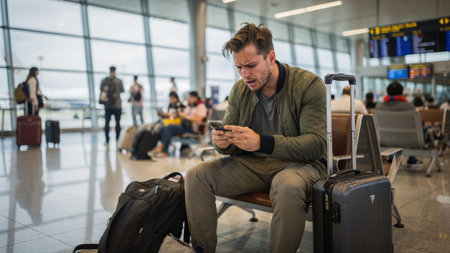 Ein digitaler Nomade, der frustriert auf sein Smartphone starrt, während er an einem Flughafen in Bangkok sitzt, umgeben von Reisenden, die alle mit ihren Geräten beschäftigt sind, was das Problem der mangelnden Konnektivität im Ausland symbolisiert.