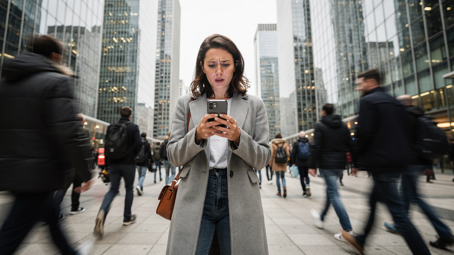 Une femme, l'air un peu perdue, regarde son smartphone en plein quartier de la Défense à Paris, entourée de gratte-ciel et d'un grand flux de passants.