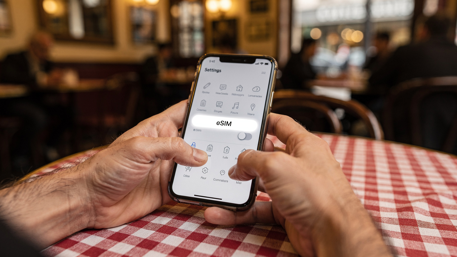 Gros plan sur des mains tenant un smartphone affichant les réglages réseau, avec l'option eSIM clairement visible, dans un café typiquement parisien avec une nappe à carreaux rouges et blancs.
