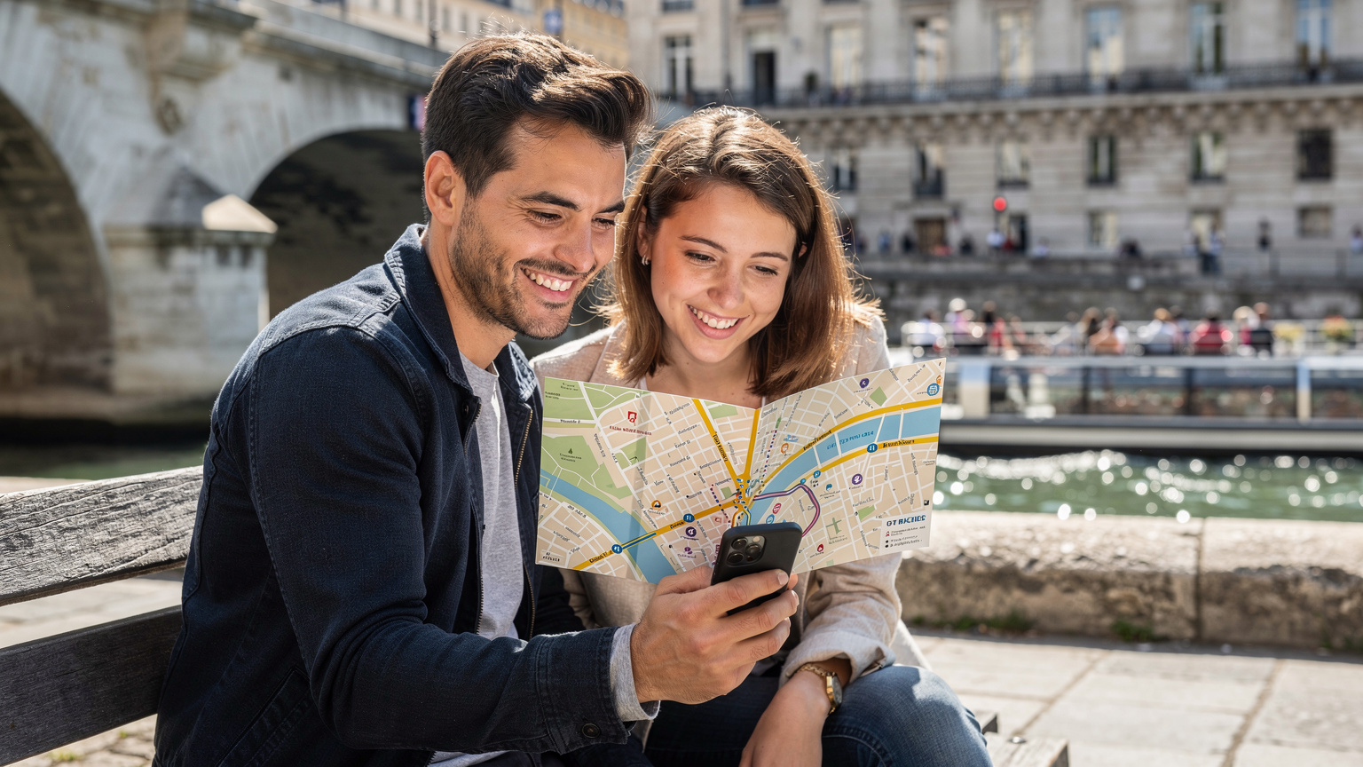 Un voyageur souriant montre son smartphone à un ami, l'écran affichant une carte de Paris avec un itinéraire actif, alors qu'ils sont assis sur un banc public près de la Seine.