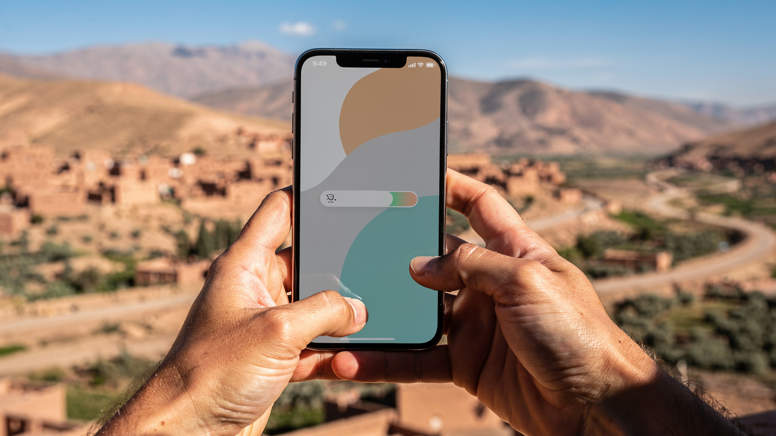 Ręce podróżnika trzymającego smartfon, na ekranie którego widać aplikację eSIM z aktywnym pakietem danych, podczas sprawdzania zasięgu na tle marokańskiego krajobrazu.