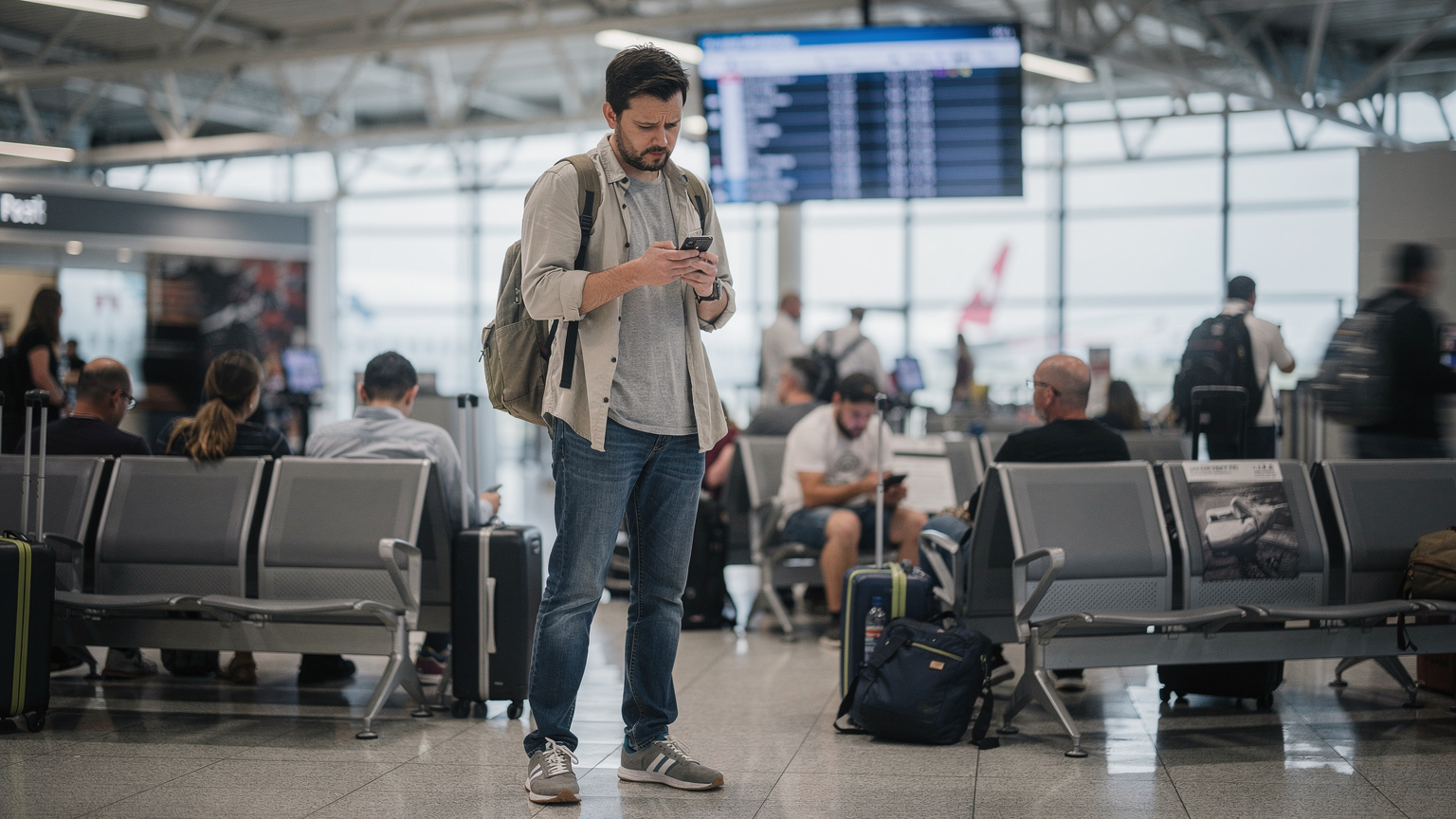 A traveler looking frustrated at their phone while struggling with a slow airport Wi-Fi connection, amidst the hustle and bustle of an international terminal.