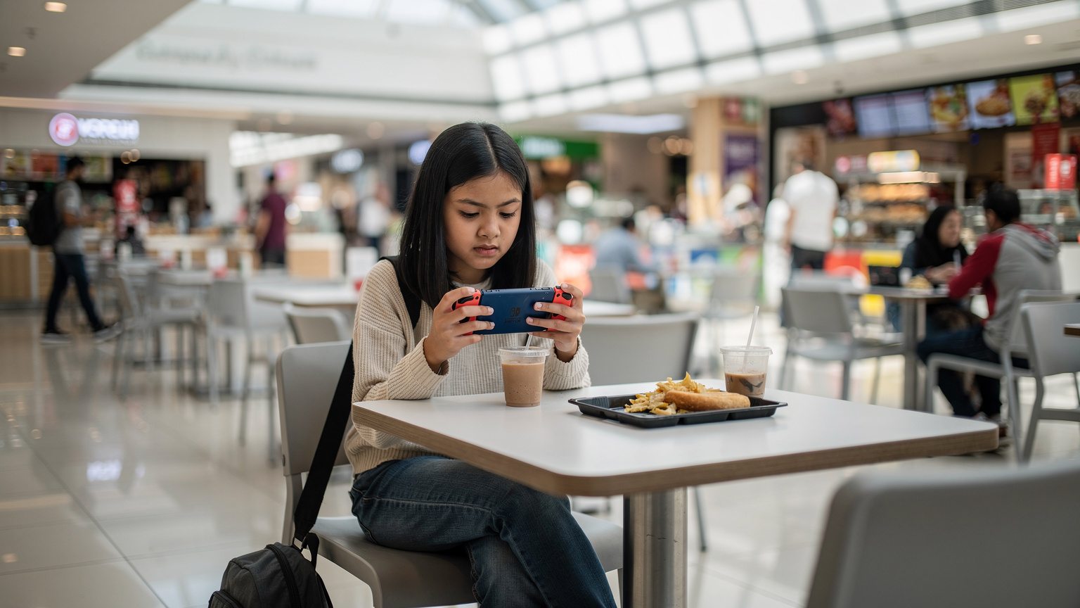 Seorang remaja putri asyik bermain game di Nintendo Switch-nya di area food court mal di Dubai, dengan latar belakang keramaian dan kecerahan khas mal modern.