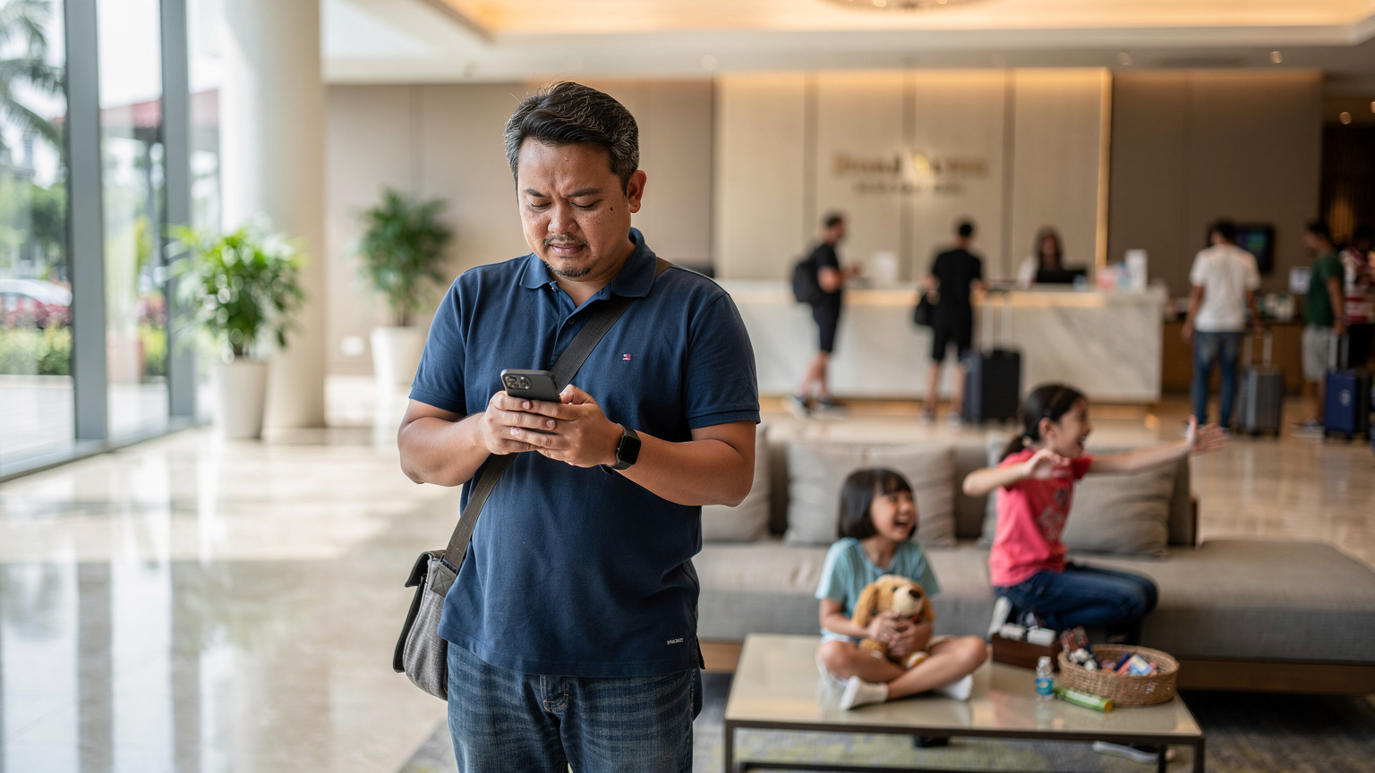 Seorang ayah sedang mencoba mengaktifkan eSIM di ponselnya di lobi hotel yang ramai di Singapura, sementara anak-anaknya bermain di dekatnya, menggambarkan tantangan teknis di tengah suasana liburan.