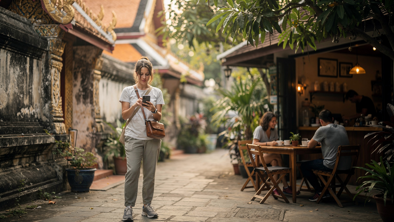 Một du khách đang kiểm tra bản đồ trên điện thoại của mình trong khu phố cổ Chiang Mai, Thái Lan, với những ngôi chùa cổ kính và quán cà phê nhỏ xung quanh.
