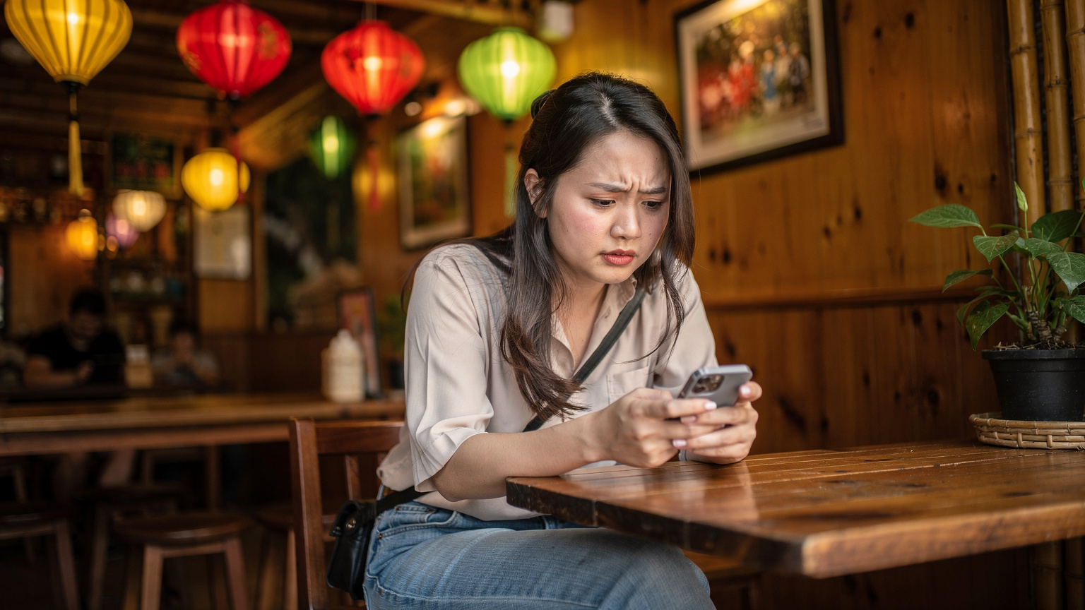Một phụ nữ trẻ đang cau mày nhìn vào màn hình điện thoại của mình, có vẻ đang gặp vấn đề kết nối tại một quán cà phê ở khu phố cổ Hội An, Việt Nam, với những chiếc đèn lồng treo trên cao.
