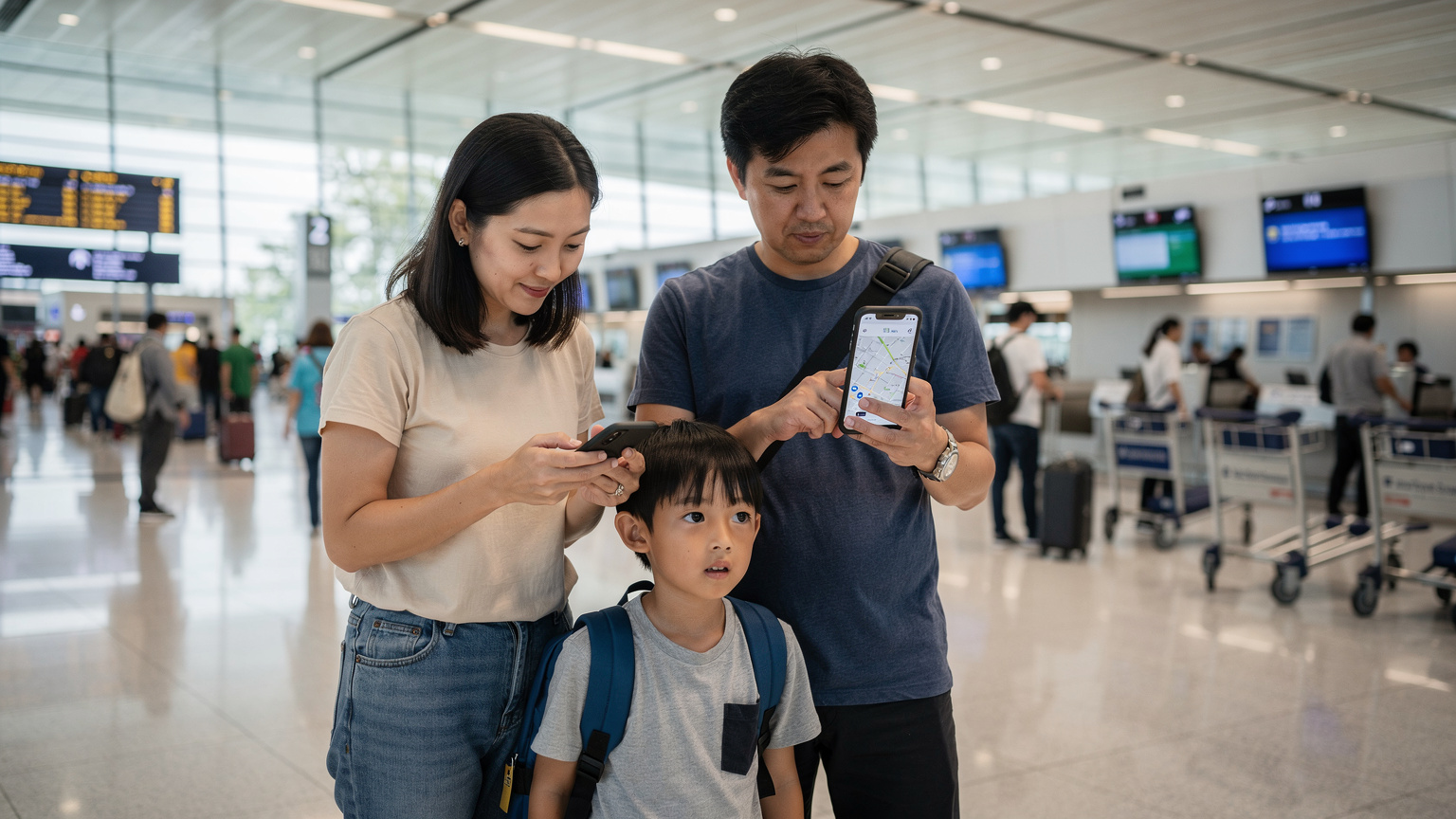 シンガポールのチャンギ国際空港の到着ロビーで、家族旅行者がeSIMの設定をしながら次の目的地への交通手段を調べている。