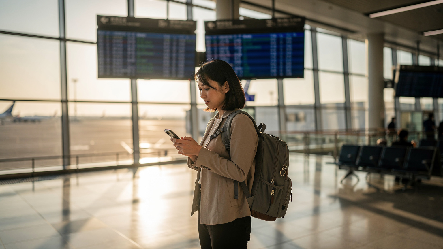 羽田空港国際線ターミナルで、搭乗ゲートの案内板を確認しながらiPhoneを操作する女性旅行者。