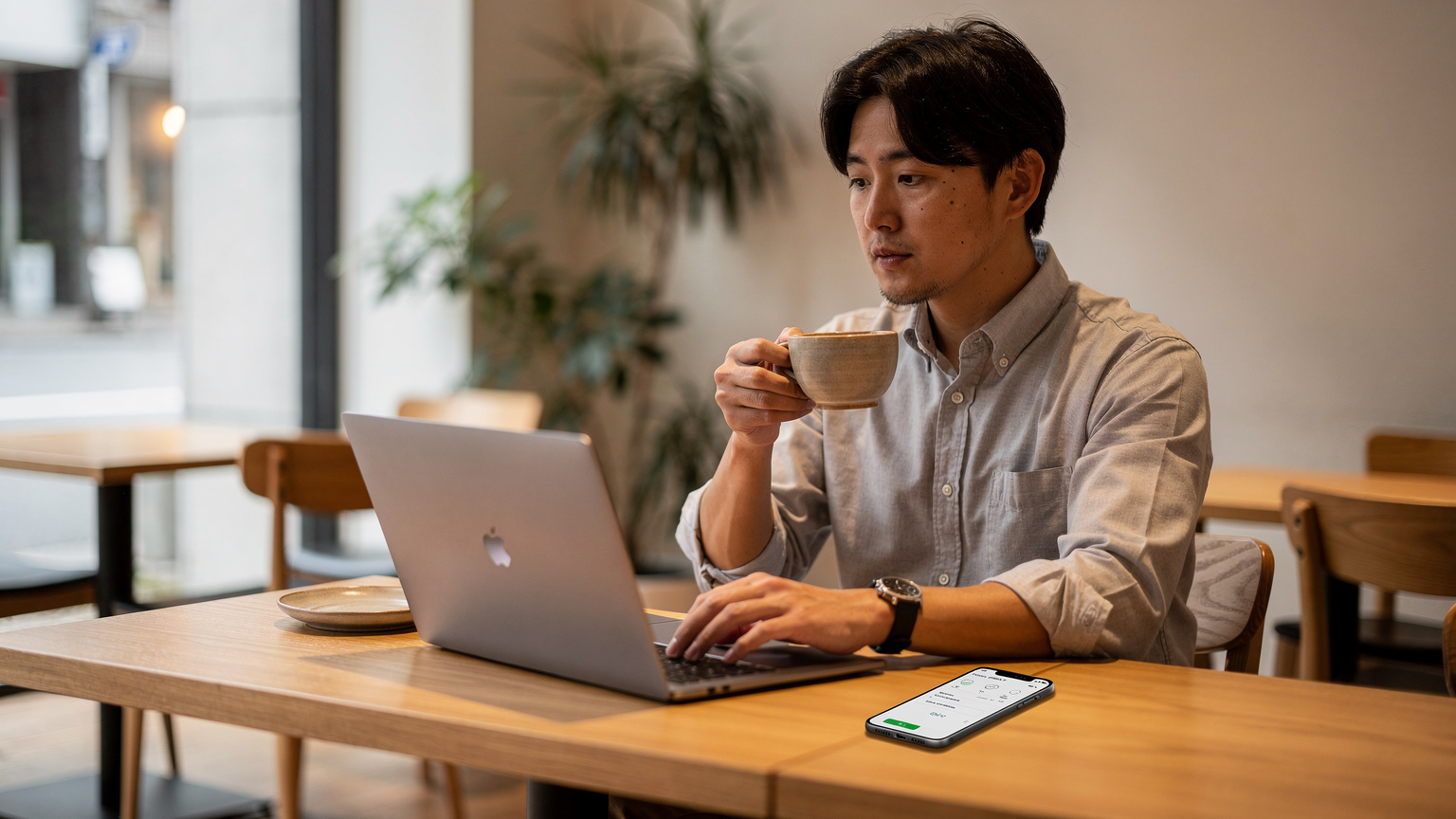 カフェでコーヒーを飲みながら、MacBook ProとiPhoneを使ってeSIMプランを比較検討している男性。