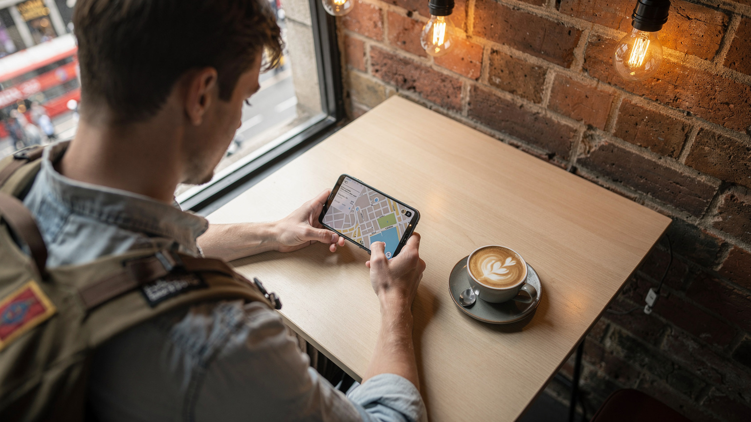 Un viaggiatore con lo zaino in spalla sta usando il suo telefono per navigare su una mappa offline, seduto a un tavolo di un caffè alla moda di Shoreditch, Londra. Un latte fumante è posato accanto al telefono.