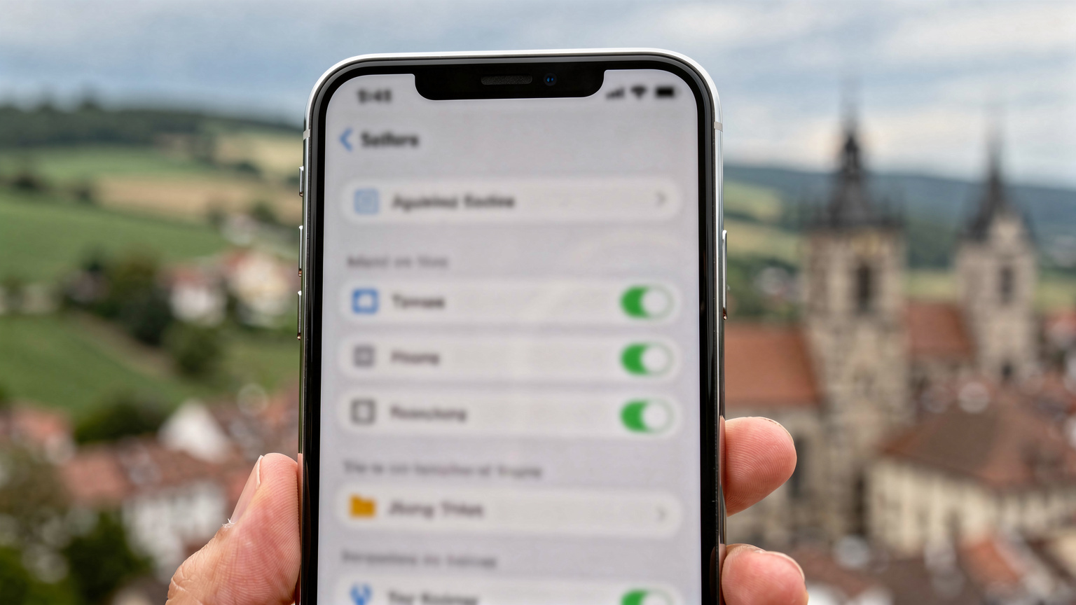 Μια κοντινή λήψη ενός smartphone που δείχνει την οθόνη ρυθμίσεων για την ενεργοποίηση της eSIM, με θολό φόντο ενός ευρωπαϊκού τοπίου.