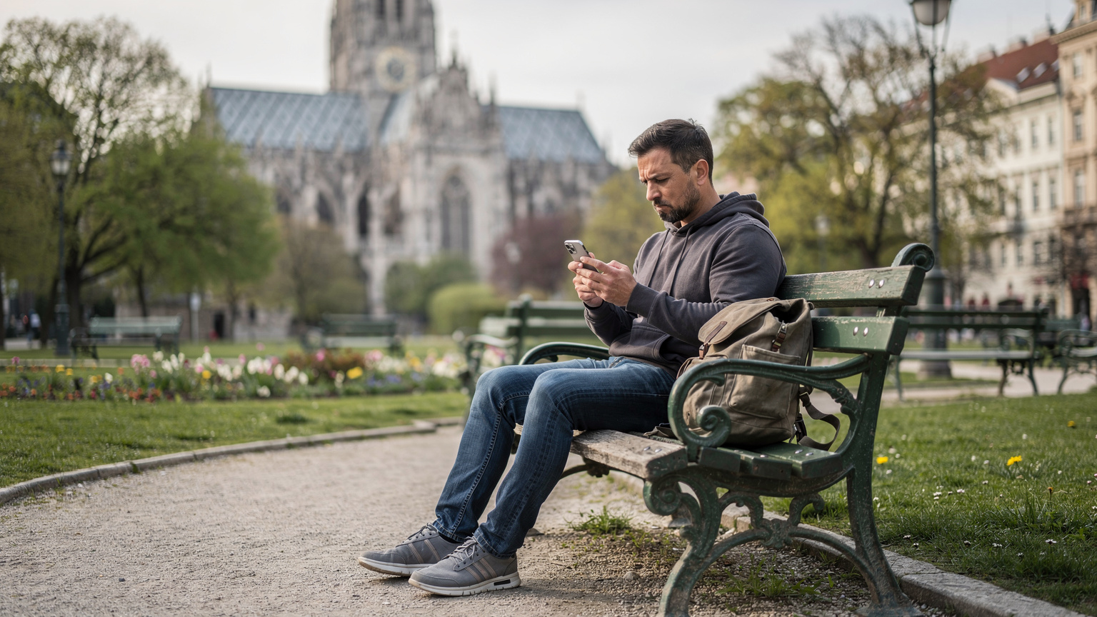 Ein Reisender sitzt auf einer Parkbank in Wien, betrachtet sein iPhone 18 und prüft seinen Datenverbrauch, mit dem Stephansdom im Hintergrund, der eine malerische Kulisse bildet.