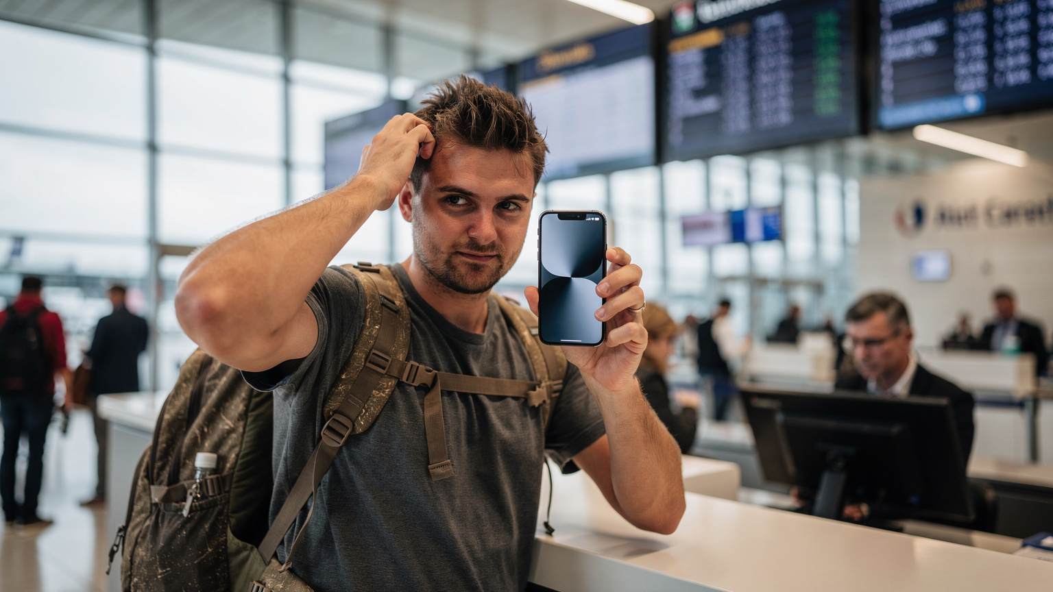 Ein Reisender am Schalter des Flughafen Budapest, zeigt sein iPhone 18, auf dessen Display eine eSIM-Aktivierung angezeigt wird, während er sich erleichtert am Kopf kratzt, nachdem er erfolgreich verbunden ist.