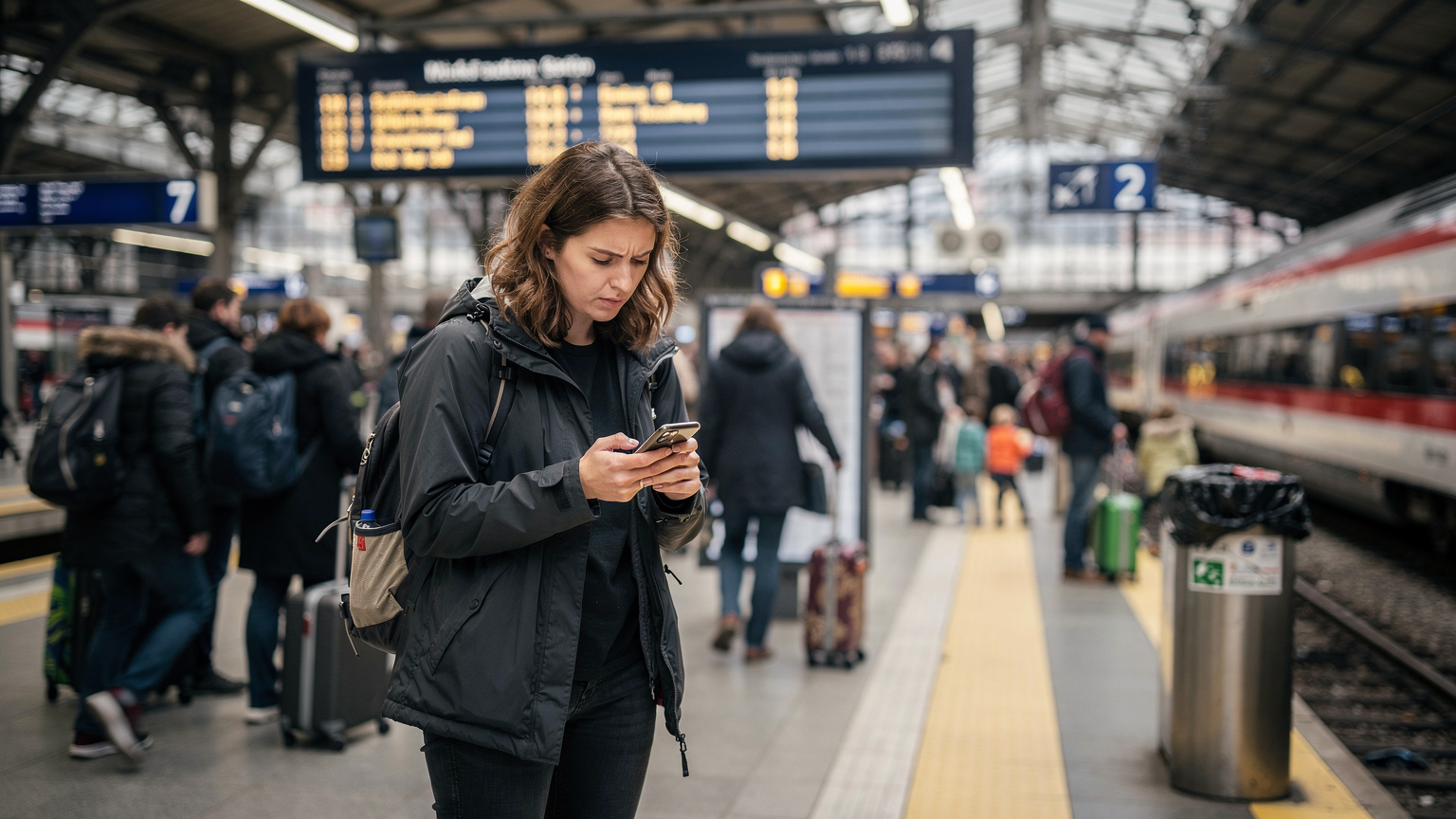 Ein überfüllter Bahnsteig im Münchner Hauptbahnhof, eine Person blickt besorgt auf ihr iPhone 18, während die Zugabfahrt angezeigt wird und sie versucht, noch schnell eine eSIM zu aktivieren.