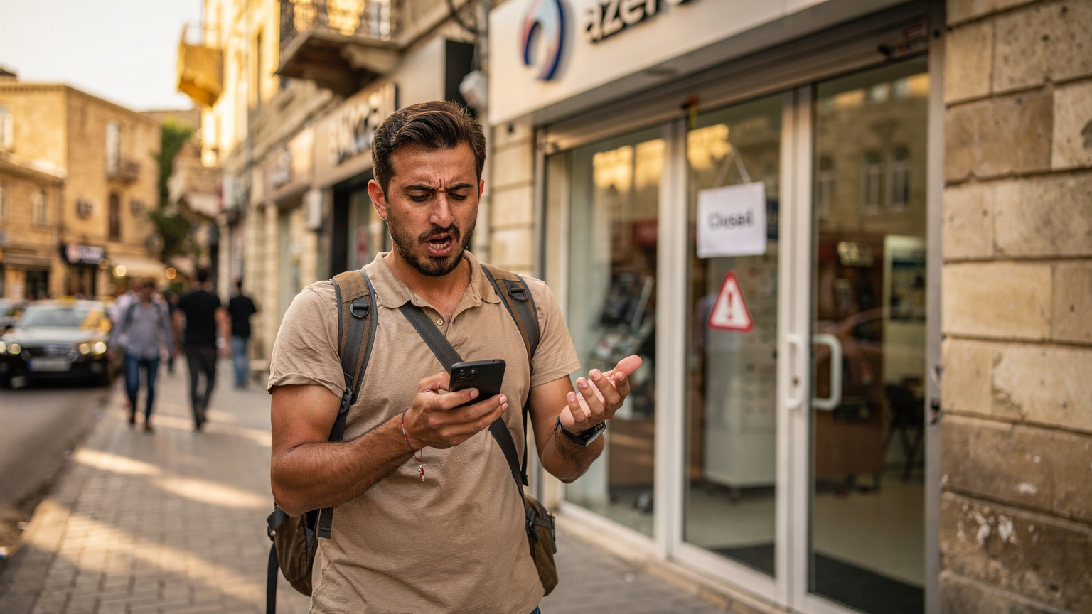 Ein Reisender schaut besorgt auf sein Smartphone mit einer Fehlermeldung, während er vor einem geschlossenen Mobilfunkladen in einer geschäftigen Straße von Baku steht, kurz nach Ladenschluss.