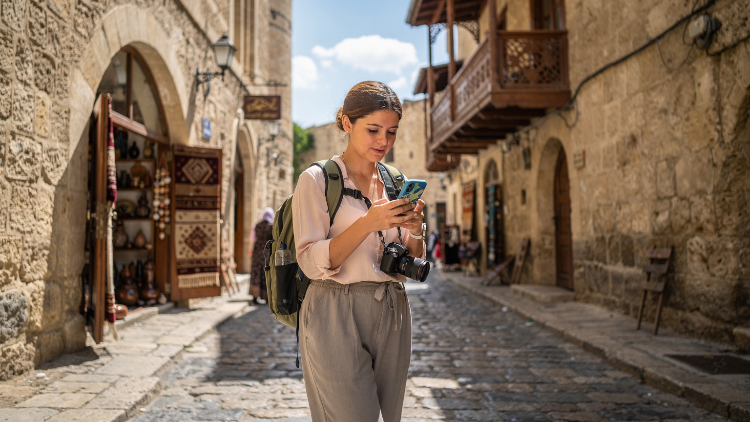 Eine junge Reisende hält ihr Smartphone mit geöffneter Karten-App in der Hand, während sie sich durch die engen, gepflasterten Gassen von Icherisheher, der Altstadt von Baku, navigiert.