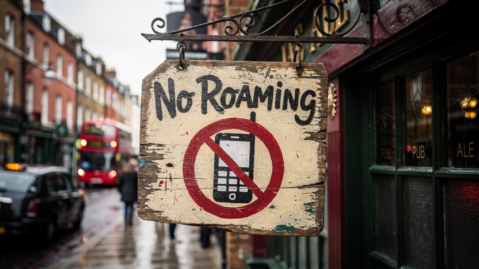 En rolig skylt på en pub i London med texten "No Roaming" och en överkryssad mobiltelefon, som påminner besökare om Brexit och roamingavgifterna.