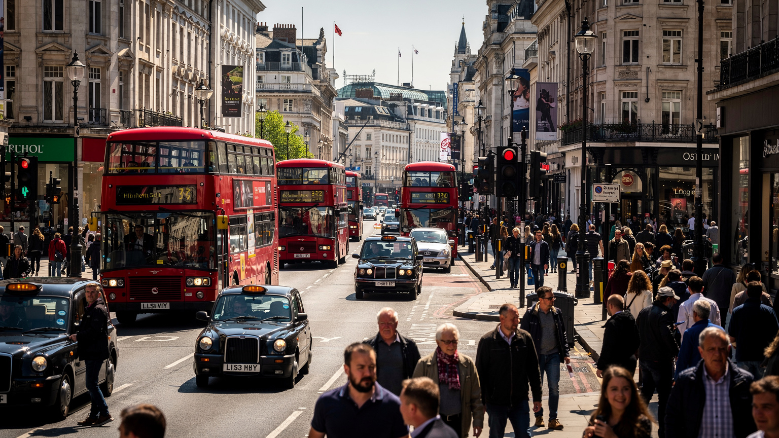 En livlig scen på en gata i London med röda dubbeldäckare, ikoniska byggnader och många fotgängare, som illustrerar den täta stadsmiljön.