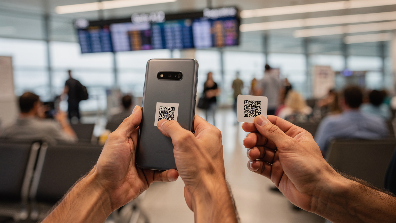 En resenärs händer håller en smartphone och skannar en QR-kod på en papperslapp för att installera ett eSIM, med en suddig flygplatsbakgrund som visar avgångshallen.