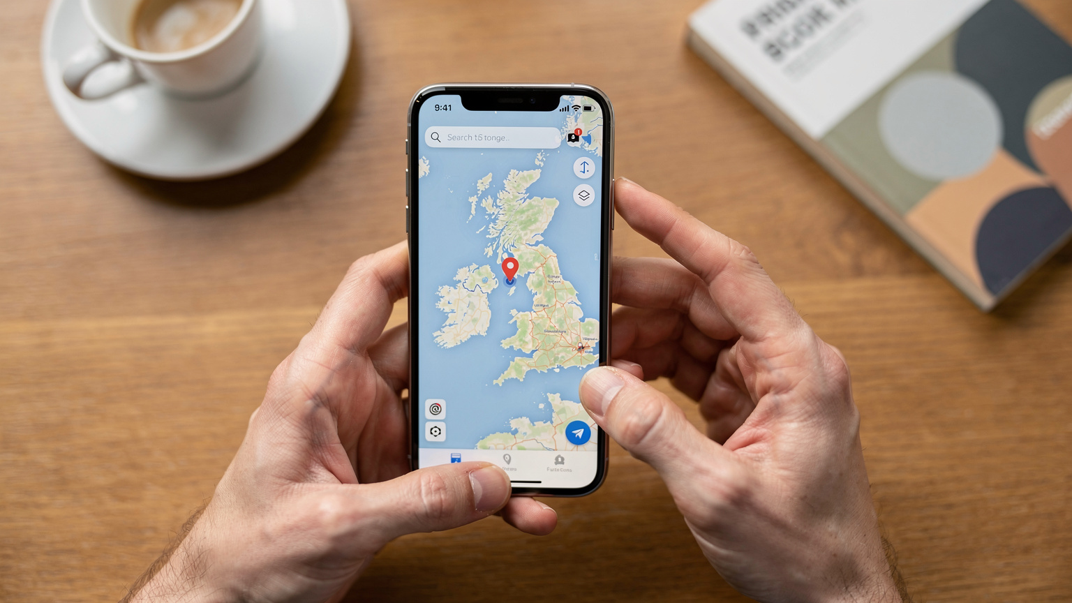 En person håller en smartphone som visar Cellesim-appen med en karta över Storbritannien och en markering för användarens nuvarande position.