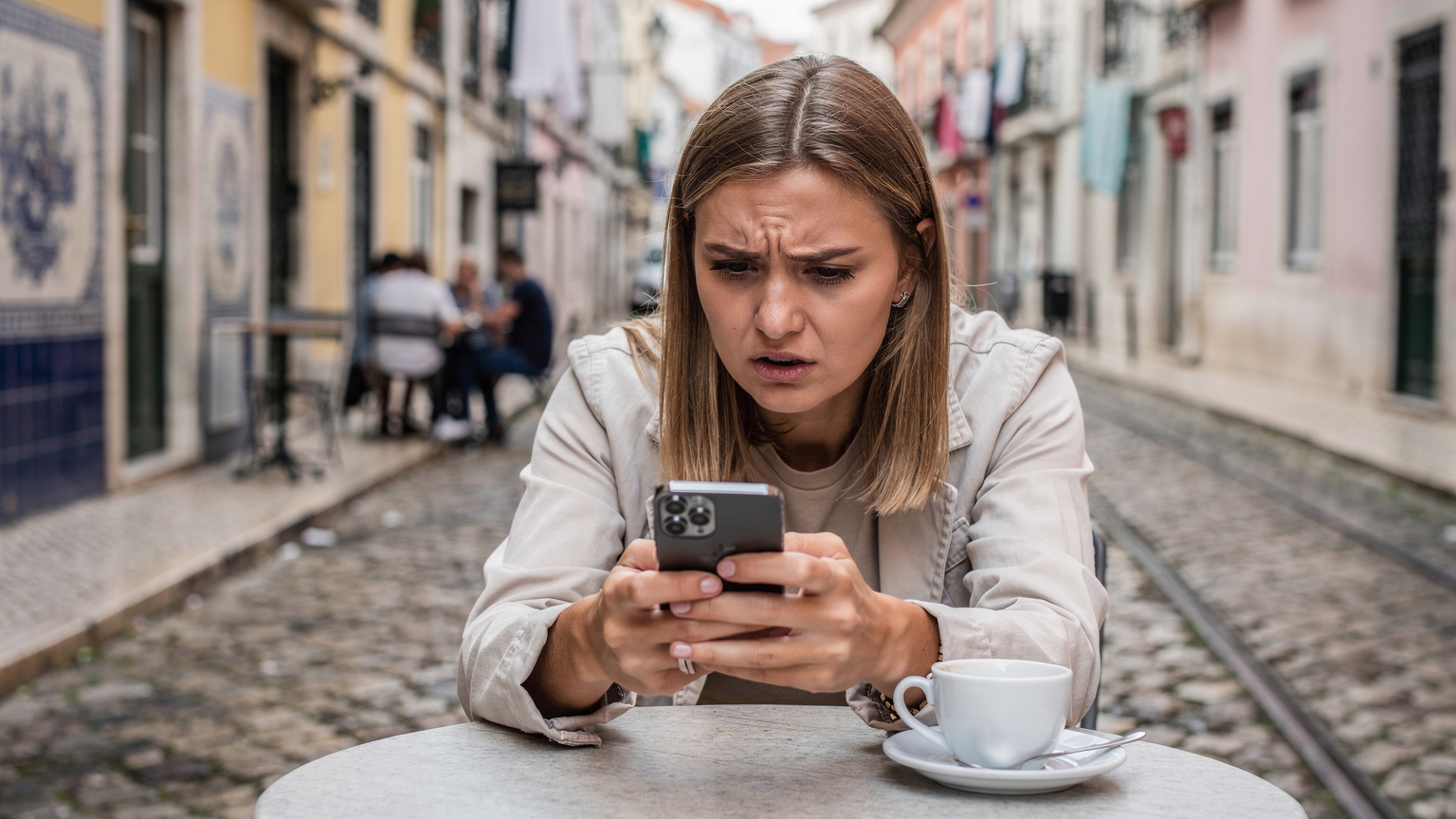 En rejsende sidder på en café i Lissabon med sin iPhone, et bekymret udtryk i ansigtet, mens hun kigger på skærmen, der muligvis viser en dårlig eller manglende netværksforbindelse.