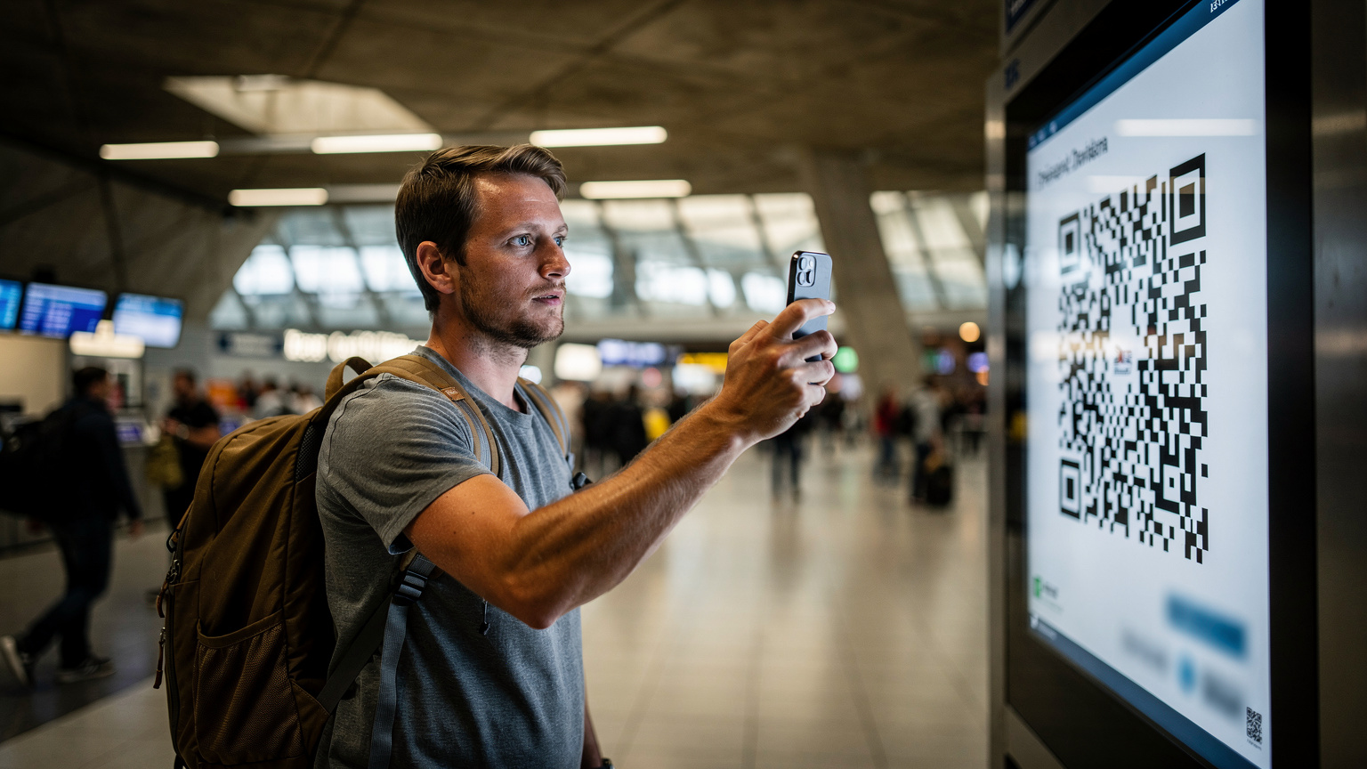 En rejsende i en lufthavn holder sin iPhone og peger mod en QR-kode på en digital skærm ved en informationsskranke, klar til at aktivere et eSIM.