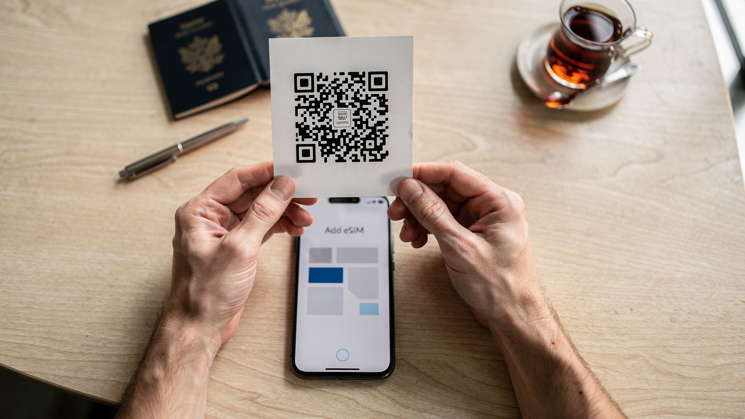 Bir masanın üzerinde duran akıllı telefon ekranında eSIM kurulumu için bir QR kodu, yanında seyahat belgeleri.