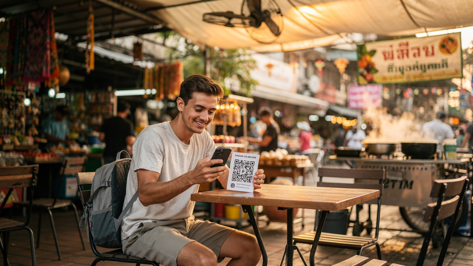 Un voyageur souriant en Thaïlande, utilisant son iPhone pour scanner un code QR d'eSIM dans un café en plein air du quartier de Chatuchak, avec des étals de marché colorés en arrière-plan et des ventilateurs de plafond.