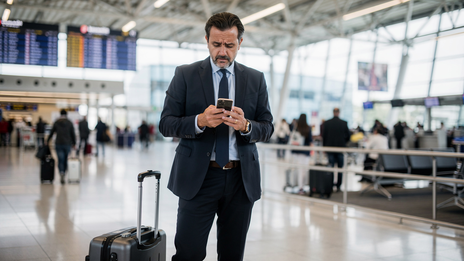 Un homme d'affaires frustré à l'aéroport de Roissy-Charles de Gaulle, regardant son iPhone avec une expression d'inquiétude, son vol affiché en arrière-plan, symbolisant un problème de connectivité avant un voyage.
