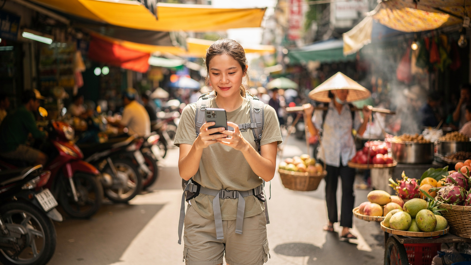 En ung kvinde navigerer travle gader i Ho Chi Minh City, hendes telefon holdes op for at tjekke kortet, mens en gadesælger med en kurv fuld af frugt passerer forbi i baggrunden.