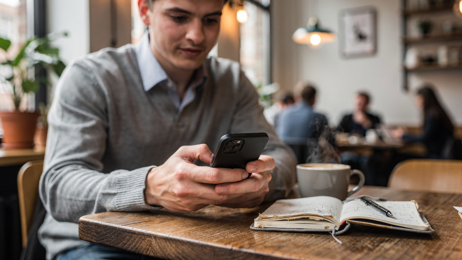 En ung mand sidder på en travl cafe i København, hans hænder holder en smartphone tæt, mens han kigger koncentreret på skærmen. En dampende kaffekop og en åben notesbog ligger foran ham.
