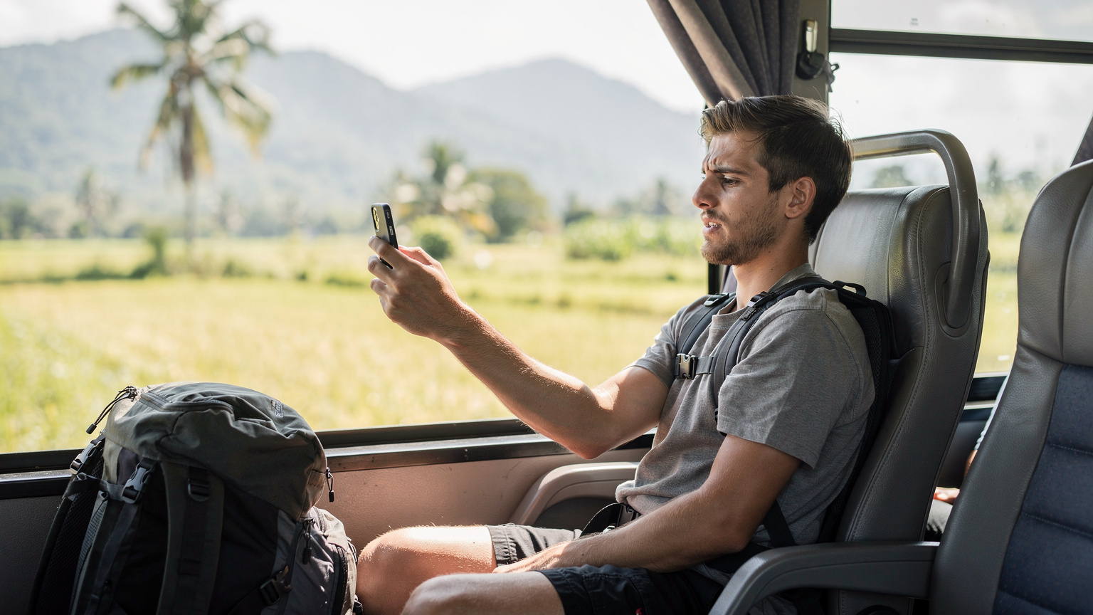 En backpacker sidder på en bus i det thailandske landskab, kigger ud af vinduet med sin telefon i hånden, og prøver at få signal, mens busrejsen fortsætter.