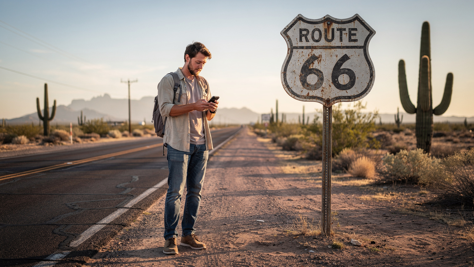 Cestovatel s eSIM si užívá data u ikonické Route 66 v Arizoně, kde je spolehlivé připojení klíčové pro navigaci a sdílení zážitků.