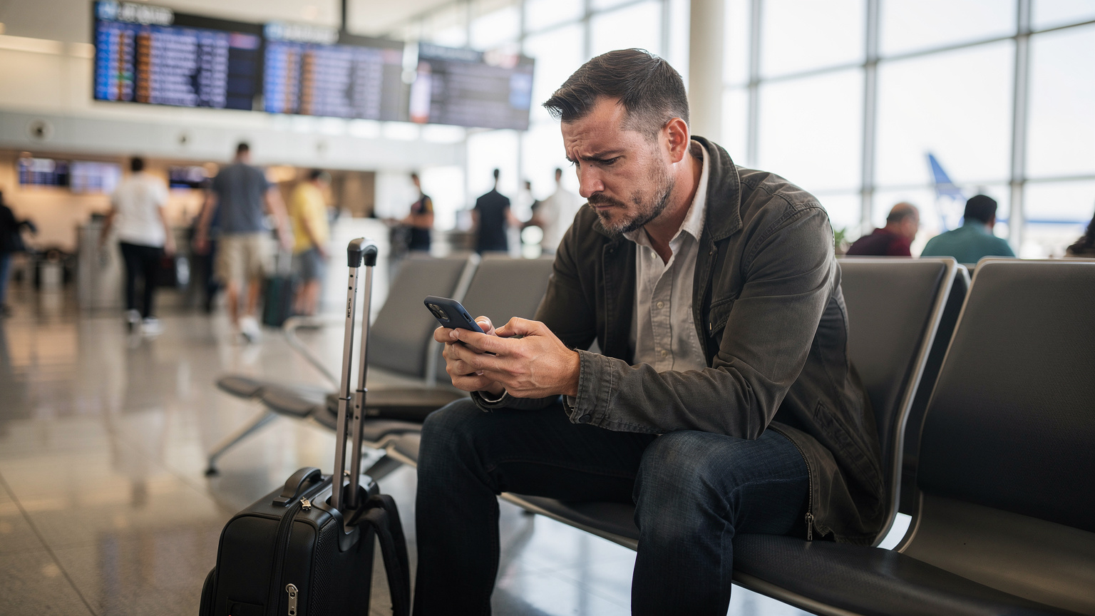 Cestující na letišti v Los Angeles s frustrací kontroluje svůj telefon, zatímco zpráva na obrazovce signalizuje problém s připojením.