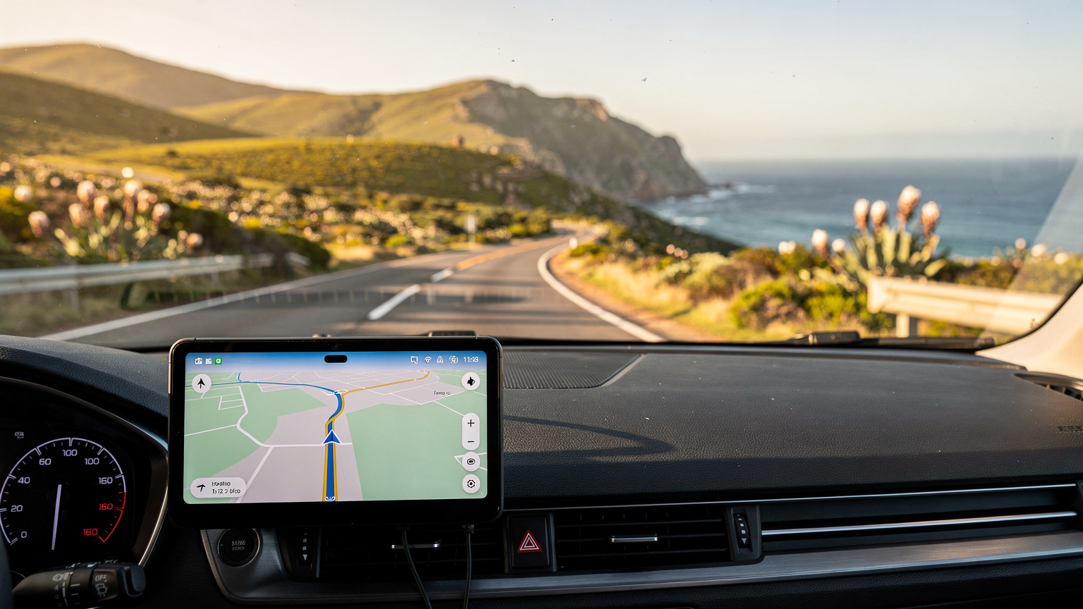 Een mobiele telefoon toont een navigatie-app op het dashboard van een auto, met het landschap van de Tuinroute, Zuid-Afrika, op de achtergrond.