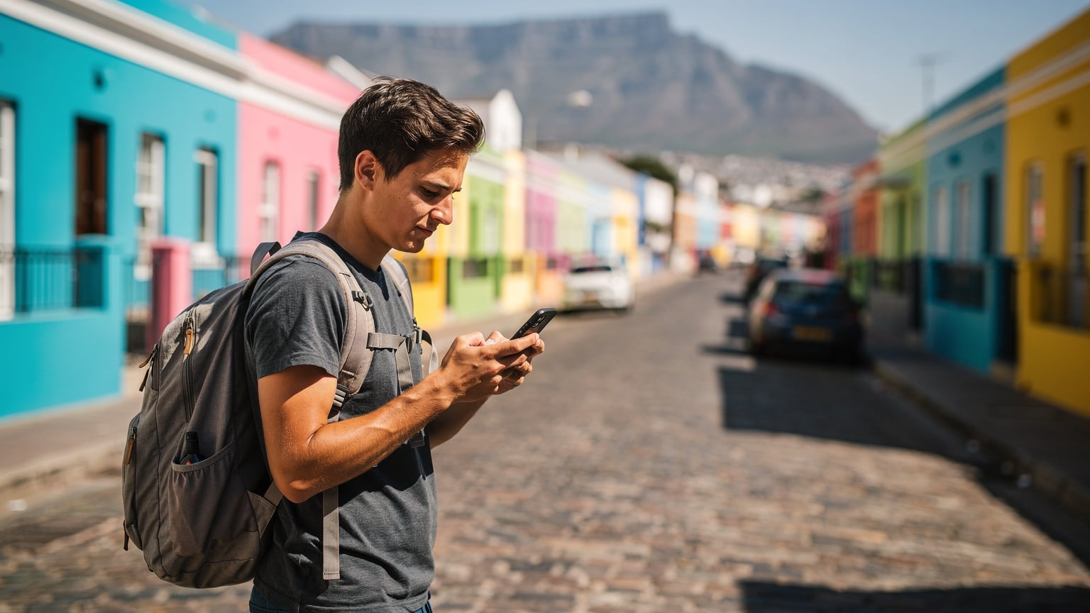Een reiziger bekijkt de bezienswaardigheden van Kaapstad, Zuid-Afrika, en gebruikt een smartphone om te navigeren.