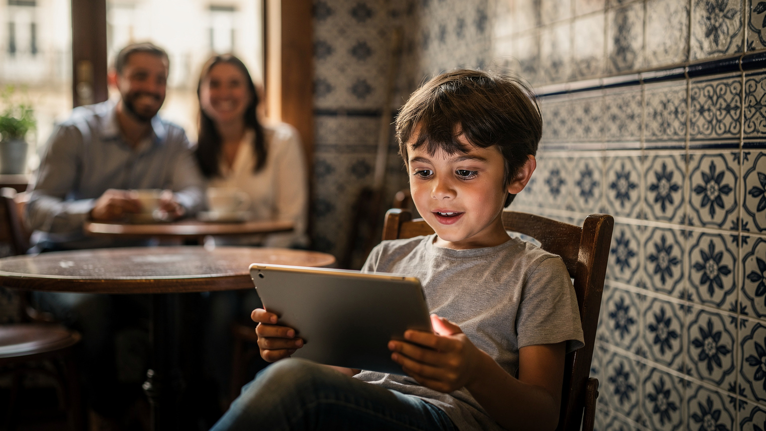Uma criança feliz assistindo a um desenho animado em um tablet, enquanto os pais relaxam em uma mesa de café em Porto, Portugal.