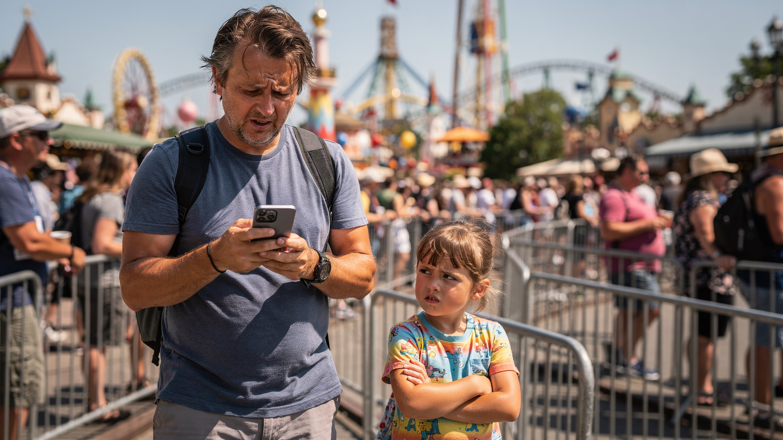Um pai com uma expressão de preocupação tentando conectar seu smartphone em uma fila longa e movimentada de um parque temático, com uma criança impaciente ao lado.
