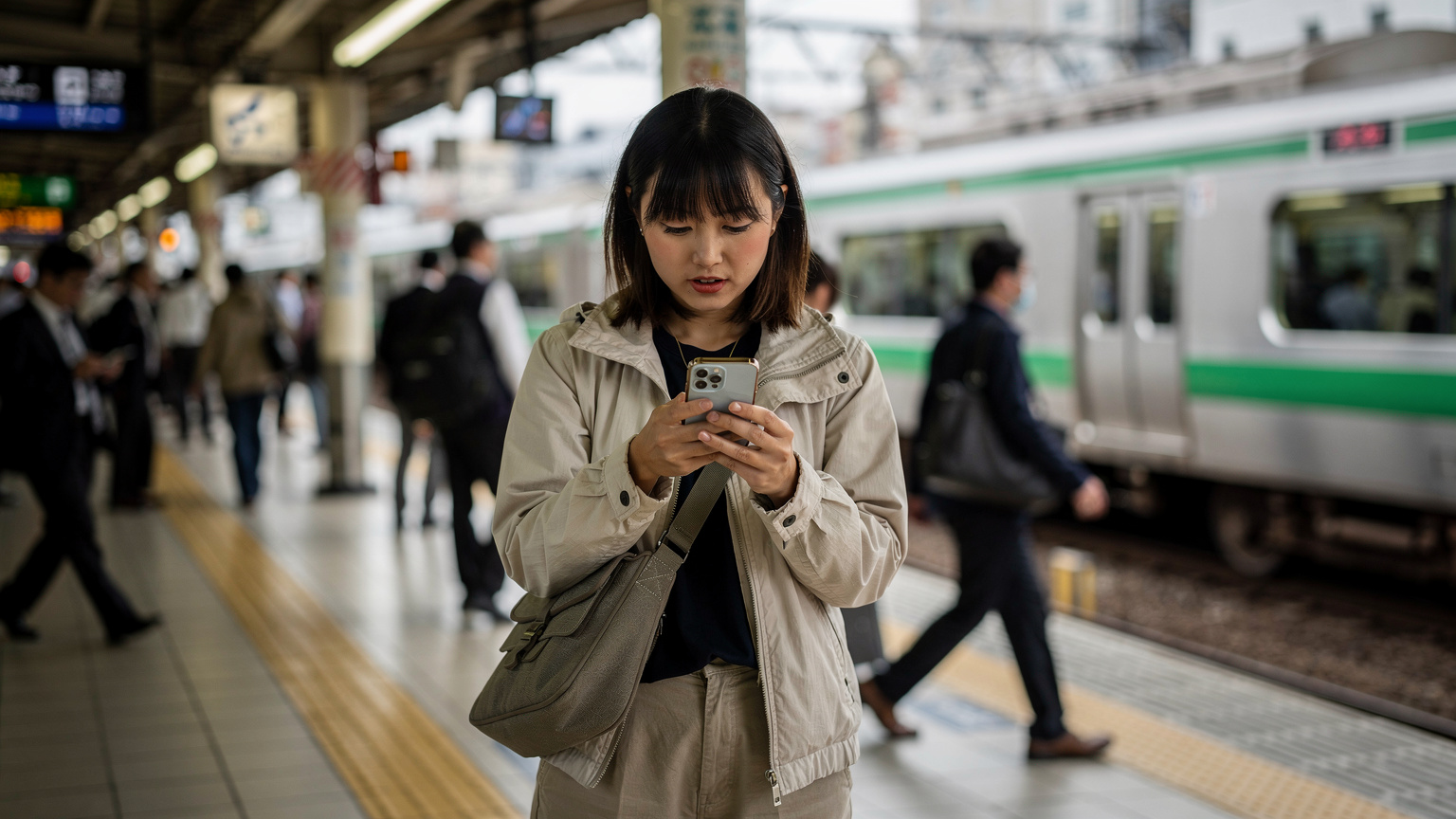 一名旅行者在東京新宿車站的繁忙月台上,手持手機查看Cellesim應用,背景是熙熙攘攘的人群和駛過的列車,展示其便捷的界面。
