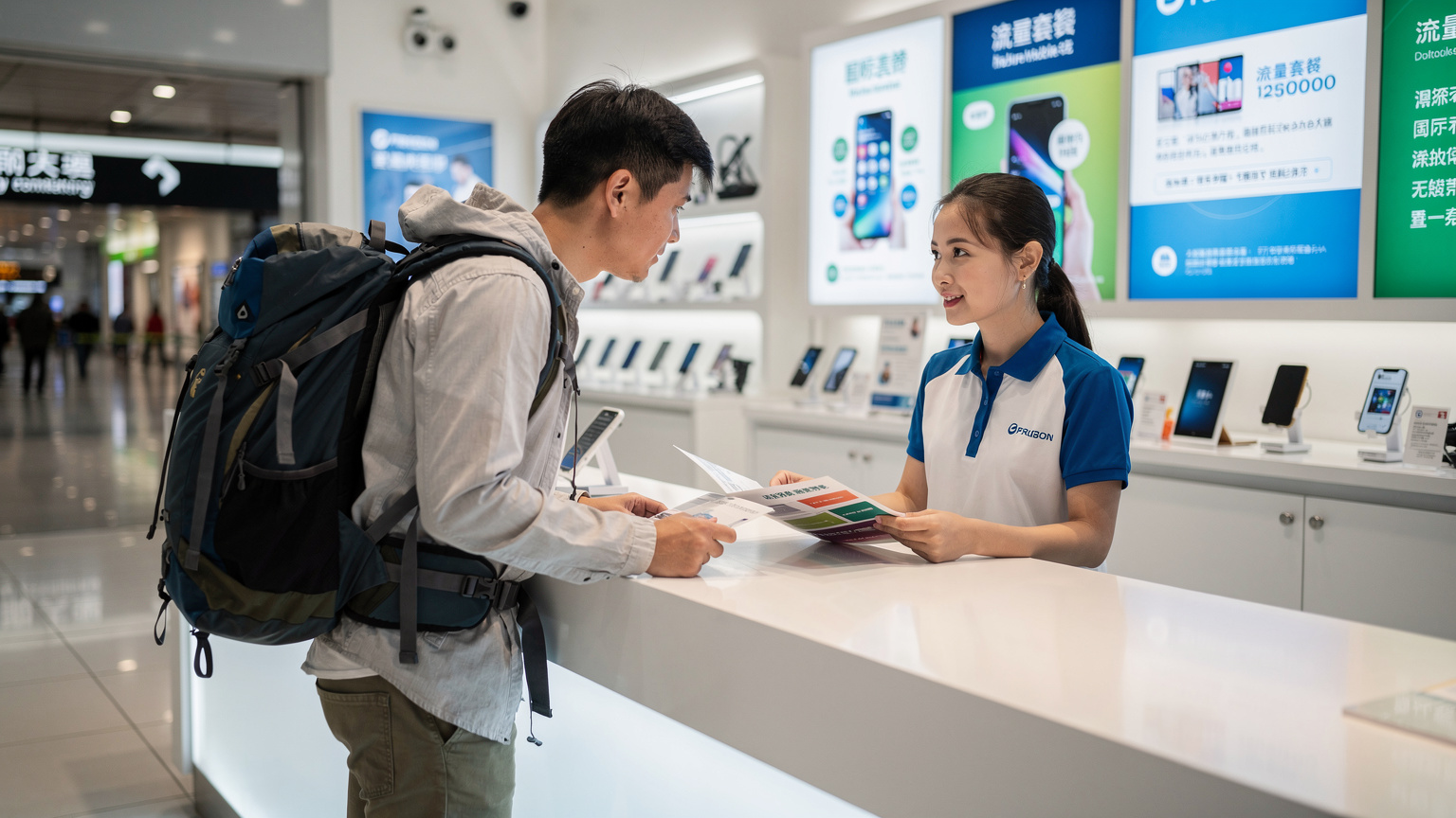 一名旅行者在上海浦東機場的中國移動營業廳諮詢,營業廳內貼滿了各種套餐海報,展示著中國移動的服務。